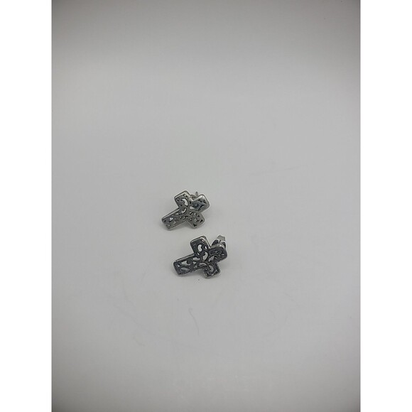Vintage Earrings Pierced Post Stud Cross Cutout Silver Tone Jewelry Costume - Picture 7 of 12
